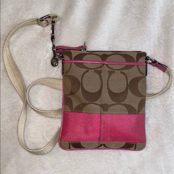 Coach Signature Khaki and Pink Crossbody Bag - Picture 1 of 7